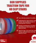 Red, blue, and green traction tapes for stairs with text detailing safety and high traction features.