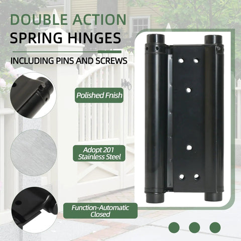 8 Inch Black Double Action Door Hinges Self Closing For Cafe Saloon Pub Swinging Doors 201 Stainless Steel Includes Pins And Screws Heavy Duty 4 Pack Set shown with polished finish and automatic close function.