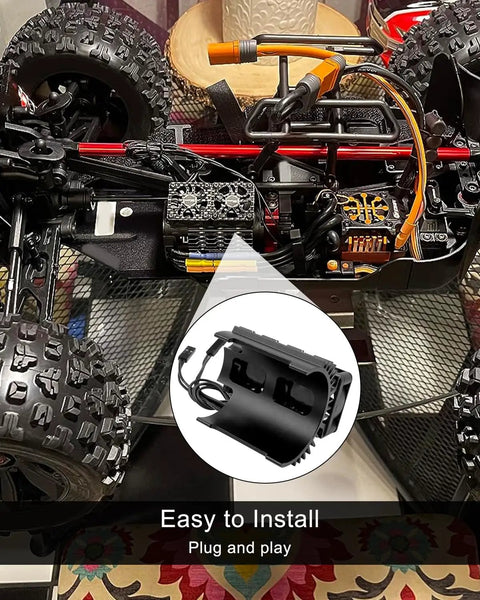 Beefy RC Motor Cooling Fan for One Eighth Scale Brushless Motors 4068 4076 4082 4092 27000 RPM Dual Motor Heatsink in RC car