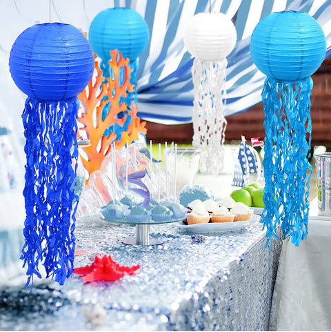 Colorful Mermaid Jellyfish Paper Lanterns Hanging Set For Under The Sea Theme Parties, Ocean Party Decor, Birthday Decorations