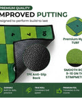Indoor Putting Green Mat With Four Cups And Target Zones For Home Practice, 9ft By 2.5ft, showing premium nylon turf and TPE backing.