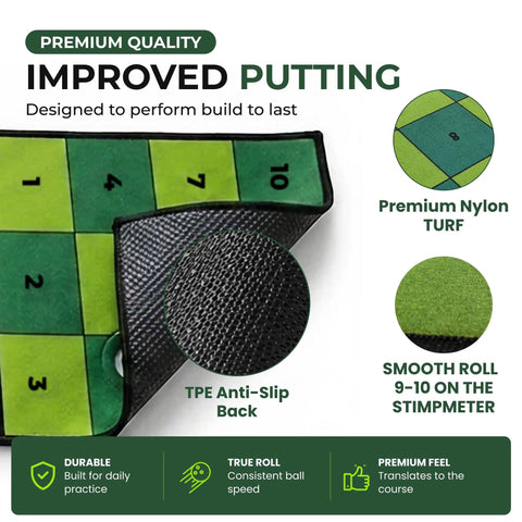 Indoor Putting Green Mat With Four Cups And Target Zones For Home Practice, 9ft By 2.5ft, showing premium nylon turf and TPE backing.