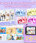 Kid Friendly Instant Print Camera With 1080P Video, Colorful Digital Photos And Black And White Ink Free Thermal Prints, Includes Three Print Rolls, Simple One Button Camera For Little Photographers, Portable Snap And Print Fun. Purple kids instant print camera showing screen and buttons