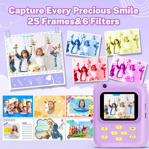 Kid Friendly Instant Print Camera With 1080P Video, Colorful Digital Photos And Black And White Ink Free Thermal Prints, Includes Three Print Rolls, Simple One Button Camera For Little Photographers, Portable Snap And Print Fun. Purple kids instant print camera showing screen and buttons