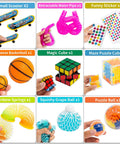 Assorted fidget toys from 76 Pack Sensory Fidget Toys Set, featuring small scooters, magic cube, and rainbow springs for stress relief.