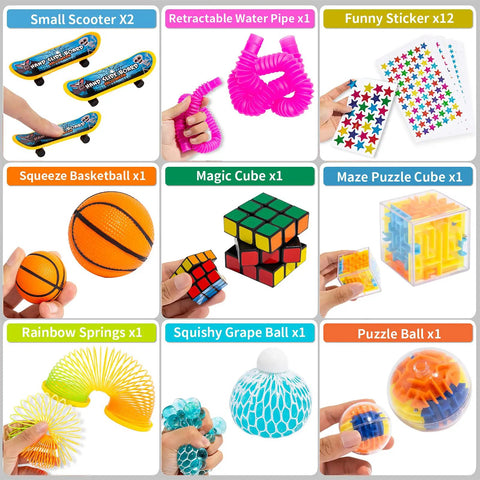 Assorted fidget toys from 76 Pack Sensory Fidget Toys Set, featuring small scooters, magic cube, and rainbow springs for stress relief.