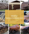 Heavy Duty Outdoor Tarp 20x30 Feet 7Mil Brown Green Poly Cover Waterproof Multi Purpose Sheeting for Yard Camping Weatherproof Storage Reusable with Grommets shown in various outdoor uses.