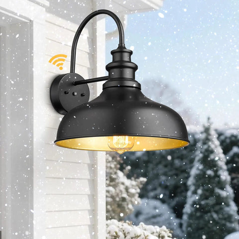 Dusk To Dawn Sensor Farmhouse Barn Light, No Fuss Auto On Off Outdoor Wall Lantern, Black And Gold, Snowy Weather