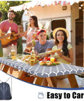 Group enjoying meal on a picnic table with Waterproof Elastic Fitted Picnic Table Cover And Bench Covers Set For 72 Inch Tables And 12 Inch Benches, Washable Polyester, Indoor Outdoor Camping Gear, 3-Piece Grey Includes Drawstring Storage Bag