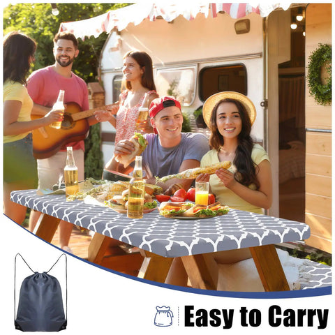 Group enjoying meal on a picnic table with Waterproof Elastic Fitted Picnic Table Cover And Bench Covers Set For 72 Inch Tables And 12 Inch Benches, Washable Polyester, Indoor Outdoor Camping Gear, 3-Piece Grey Includes Drawstring Storage Bag