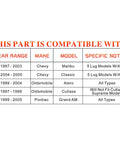 Compatibility chart for 513137 Front Wheel Hub And Bearing Assembly, Chevy, Oldsmobile, Pontiac models 1997-2005, 5 Lug with ABS.