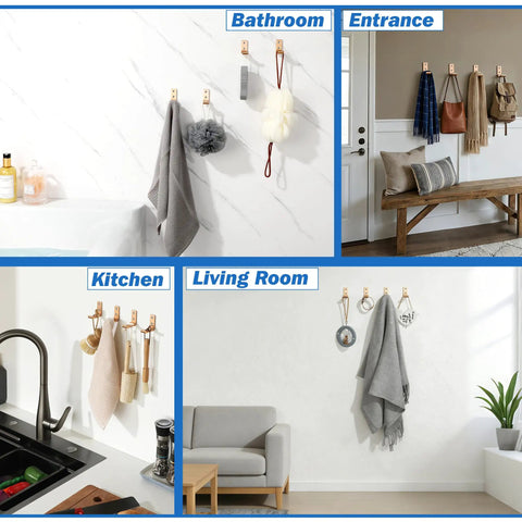 Foldable Wall Mount Towel And Coat Hooks Built With Heavy Duty Aluminum Alloy Featuring A Slick Gold Finish 4 Pack Hat Hangers Quick Install Bathroom Storage with towels and accessories in various settings.