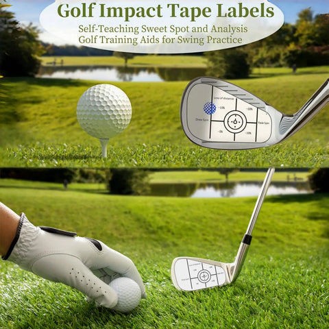 Golf club with impact tape showing strike spot on the course; Golf Impact Tape Stickers Set For Swing Training 180 Pieces Delivers Instant Feedback To Sharpen Your Swing Boost Accuracy Distance And Sweet Spot Consistency On Your Club.