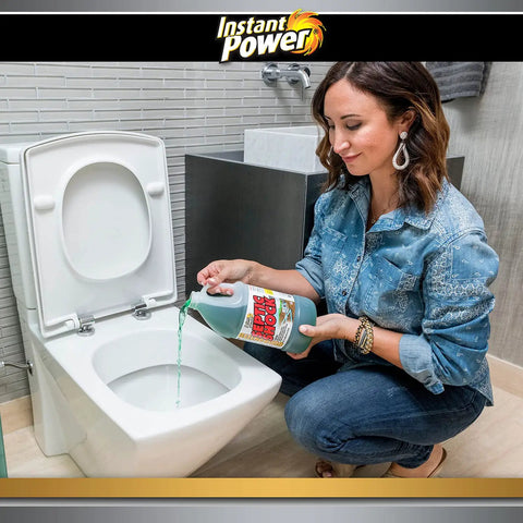 Woman pouring Septic Tank Shock Treatment Liquid Clog Remover Safe For Septic Systems And RVs Clears Drains In Minutes into toilet