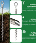 12 Inch Rustproof Aluminum Screw In Tent Stakes Set With 8mm Drill Adapter And Hooks, Heavy Duty Ground Anchors in soil with removable eyebolt and full spiral grip design.