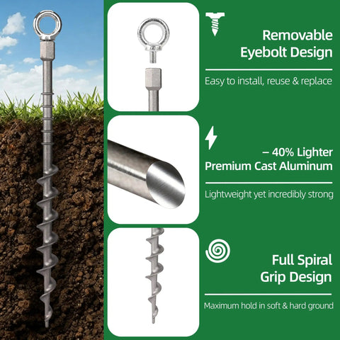 12 Inch Rustproof Aluminum Screw In Tent Stakes Set With 8mm Drill Adapter And Hooks, Heavy Duty Ground Anchors in soil with removable eyebolt and full spiral grip design.