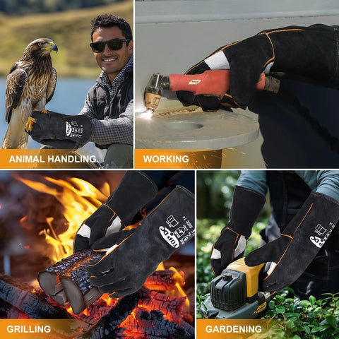 14 Inch Heat Resistant Leather Welding Glove With Kevlar Stitching For Fireplace Grill Fire Pit Campfire Wood Stove 482 Fahrenheit CE Certified MIG Stick Forge Oven Animal Handling in use for various tasks like animal handling, working, grilling, and gardening.