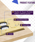 2 Gang 20A Solid Brass Floor Box Kit With Tamper Resistant Receptacles, weatherproof cover with labels showing features