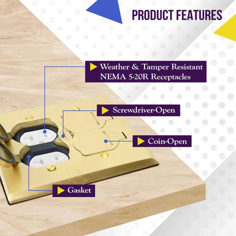 2 Gang 20A Solid Brass Floor Box Kit With Tamper Resistant Receptacles, weatherproof cover with labels showing features