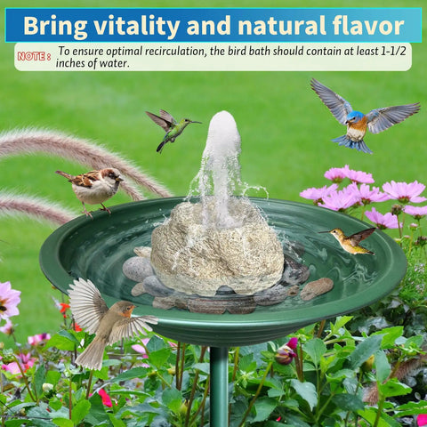 Bird Bath Fountain With 7.5W Pump, Resin Granite Rock Water Feature For Garden Patio Lawn shown with birds and water flow.