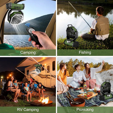 Four scenes showing Camping Fan With LED Lantern And 30000mAh Battery used for camping, fishing, RV camping, and picnicking