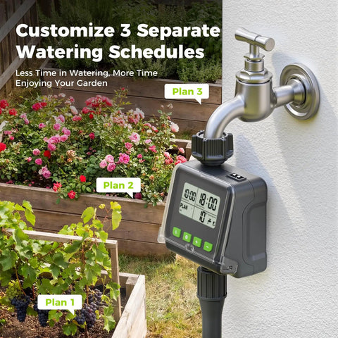 Sprinkler Timer For Garden Hose, No Fuss Programmable Watering Scheduler With Rain Delay attached to outdoor faucet.