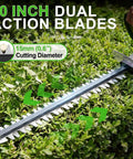 Powerful 21V Cordless Hedge Trimmer With Battery 20 Inch blades cutting green shrub, showing dual action and 15mm cutting diameter