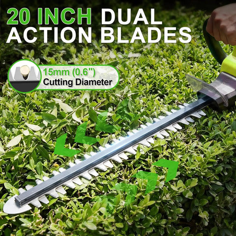 Powerful 21V Cordless Hedge Trimmer With Battery 20 Inch blades cutting green shrub, showing dual action and 15mm cutting diameter