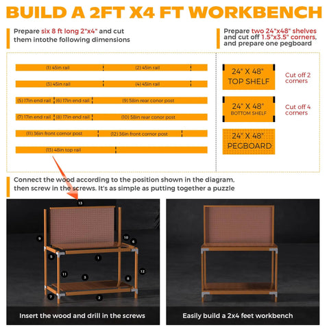 Build a 2x4 workbench with instructions for cutting and assembling, using Your Shop Go To Galvanized Steel Workbench Hardware Kit.