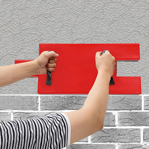 Person using Durable Concrete Stamp With Realistic Texture Mat For Wall And Floor Imprinting, Cement Stamp Mold For Decorative Surfaces, Red, 19.3 By 7.9 Inches, Stone Look Finish, Flexible Polyurethane Stamper For Easy Concrete Patterning on wall