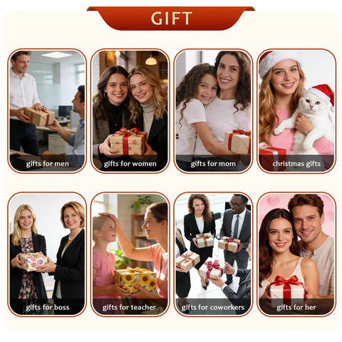 Collage of gift ideas for various people including gifts for men, women, moms, and coworkers, with festive and professional themes.