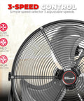 High Velocity 24 Inch Industrial Shop Drum Fan With Tilt Head shown with 3 adjustable speeds highlighted