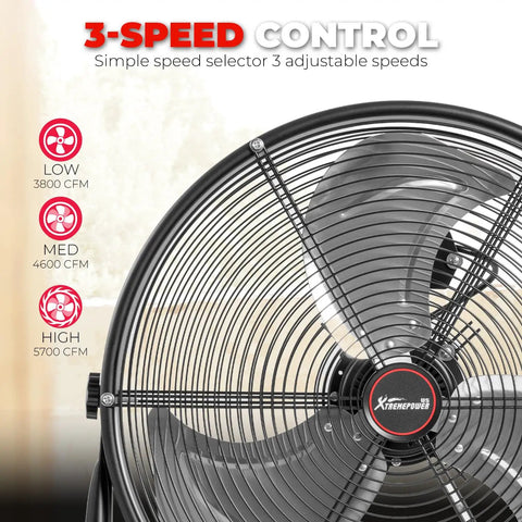 High Velocity 24 Inch Industrial Shop Drum Fan With Tilt Head shown with 3 adjustable speeds highlighted