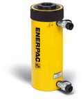 60 Ton Double Acting Hollow Plunger Hydraulic Cylinder With Dual Ports, 3.50 Inch Stroke, yellow and black design