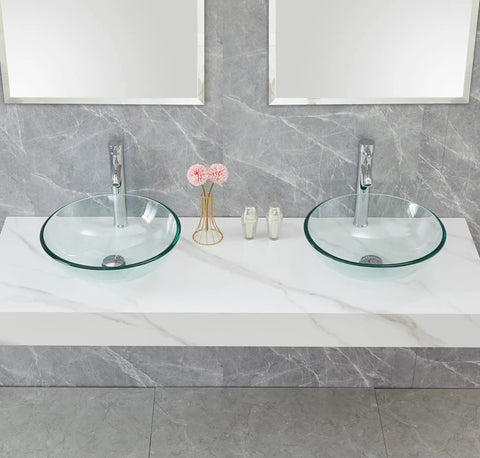 Double setup of Round Tempered Clear Glass Bathroom Vessel Sink Basin With Faucet And Pop Up Drain Modern Minimalist Vanity