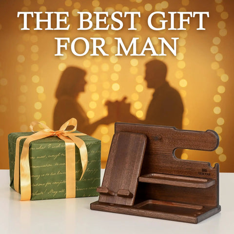 Solid Wood Phone Docking Station And Organizer For Men, Charging Stand For Desk Or Nightstand, Bourbon Brown with Gift Box