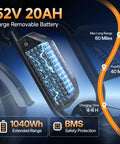 Close-up of Beast 1500W Peak Electric Bike's 52V 20Ah removable battery, highlighting safety and range features.