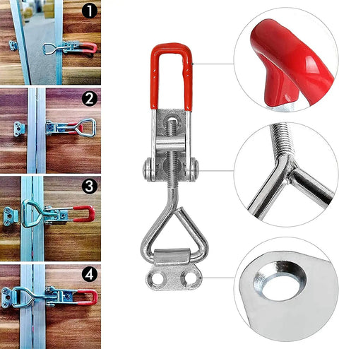 Heavy Duty Toggle Latch Pair Quick Release Cabinet Hasp Rugged Steel Clasp With Snap Tight Lever Pull, showing installation steps.