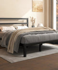 Heavy Duty Metal Platform Bed Frame With Attached Headboard And Dead Silent Construction In Premium Matte Black Finish showcasing cozy bedding.