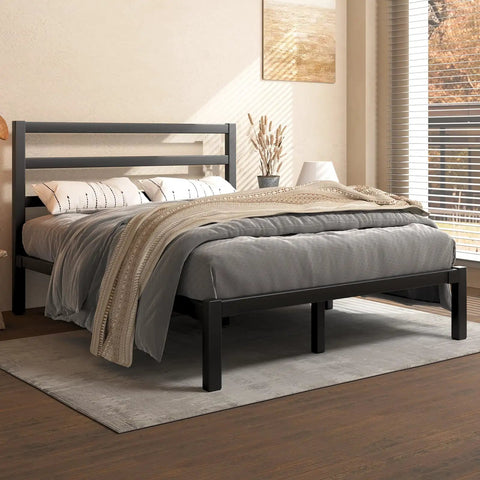 Heavy Duty Metal Platform Bed Frame With Attached Headboard And Dead Silent Construction In Premium Matte Black Finish showcasing cozy bedding.