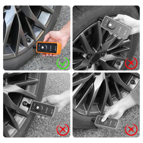 Heavy Duty TPMS Relearn Tool For Quick Tire Pressure Sensor Activation And Programming With Broad Chevy Buick Cadillac Support and Plug And Play setup in action checking tire pressure.