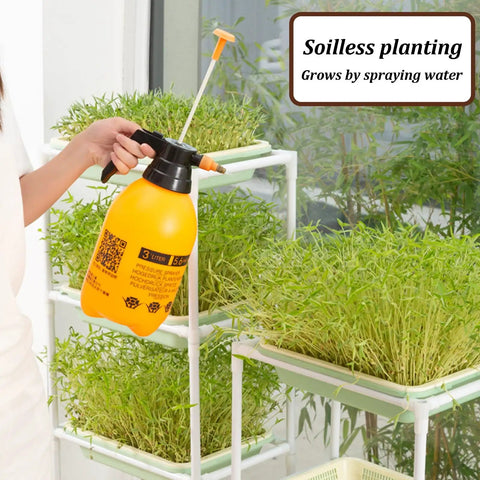 Person using a spray bottle on a Vertical Hydroponic Garden Tower With Wheels And Metal Shelf All In One Sprouts Growing Kit