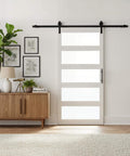 Frosted Glass Sliding Barn Door With Five Lite Panels Six Foot Hardware Kit And Handle Included Solid Wood Core Covered With Waterproof PVC Surface Sleek Modern Look And Easy Install For Bathroom And Kitchen installed in modern room.
