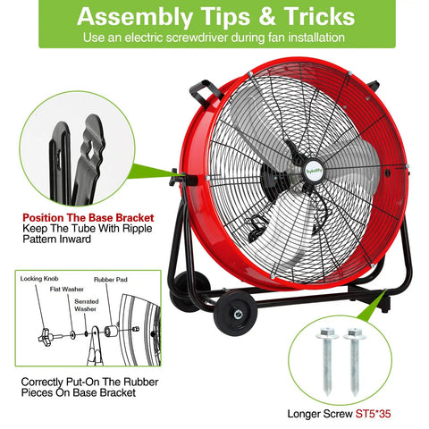 Assembly instructions with Industrial Drum Fan 24 Inch High Velocity With 8100 CFM 3 Speeds Heavy Duty Metal Shop Fan for warehouse use.