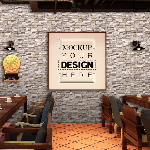 Restaurant wall with 20 Pack 3D Wall Panels Peel And Stick Foam Brick Wallpaper Faux Stone Self Adhesive 7mm Thick Waterproof Dustproof Easy Clean Rock Color DIY Ready featuring a mockup design frame