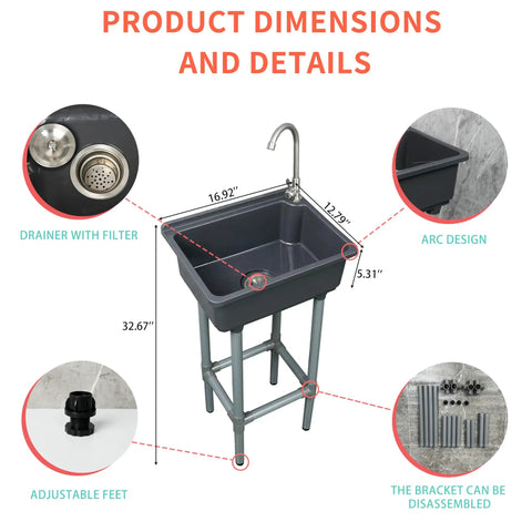 Easy Peasy Plastic Utility Sink Freestanding Laundry Tub 17 X 13 Inch Grey with drainer, adjustable feet, and arc design.