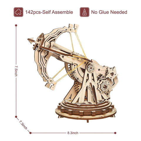 3D Wooden Catapult Kit For Adults, DIY Mechanical Puzzle Model, laser-cut plywood, classic wooden launcher, dimensions visible