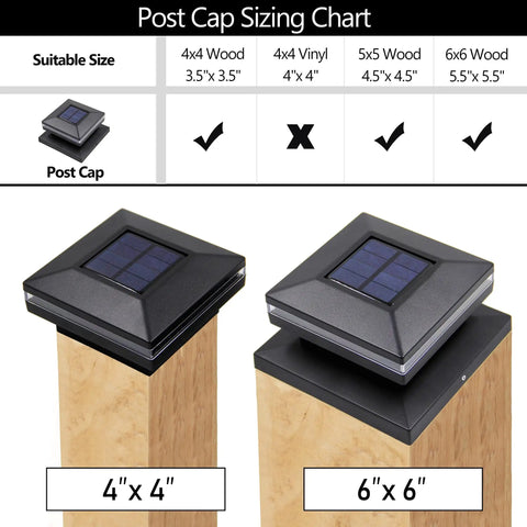 Six Pack Solar Post Lights RGB Color Changing Outdoor LED For Fence Deck Patio Black Plastic on 4x4 and 6x6 wooden posts.