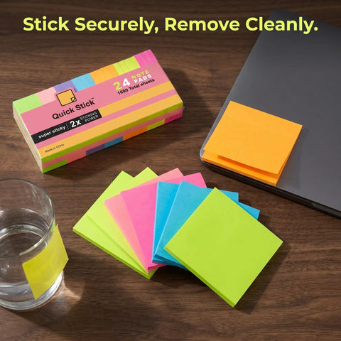 3x3 Inch Sticky Notes Set With 24 Bright Color Pads No Fuss Self Stick Note Pads For Back To School And Office Desk Essentials displayed on desk