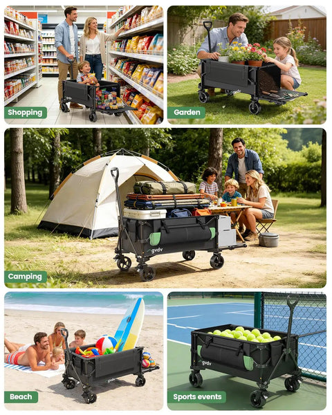 Foldable Wagon Cart With Tailgate And 42 Inch Extended Handle for groceries, camping gear, beach toys, and sports equipment.